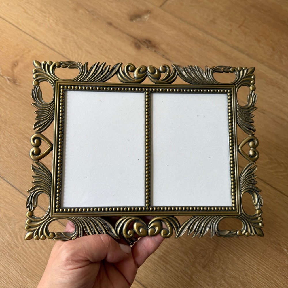 Vintage Ornate Brass Metal Double Picture Frame Heart Scrollwork 3x4.5
